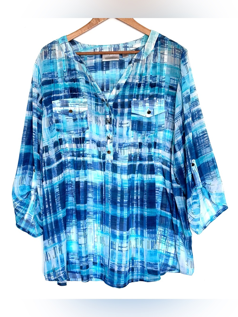 Avenue Shirt Women’s 22/24 Blue Abstract Plaid Sheer 3/4 Roll Tab Sleeve Pockets